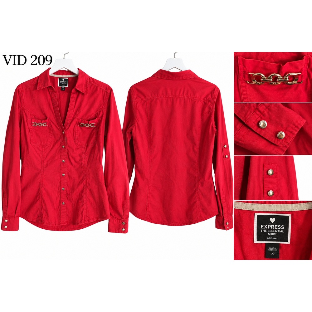 Express Essential Shirt L Red Y2K Chain Pocket Button Up Blouse Long Sleeve